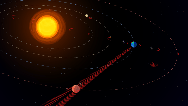 Drawing of the sun, several planets and in between terrestrial signals in various directions, but mainly to Mars – and past it