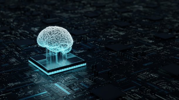 Gehirn als 3D-Struktur über einem Chip