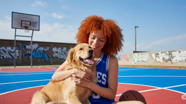 Woman with curls and golden retriever
