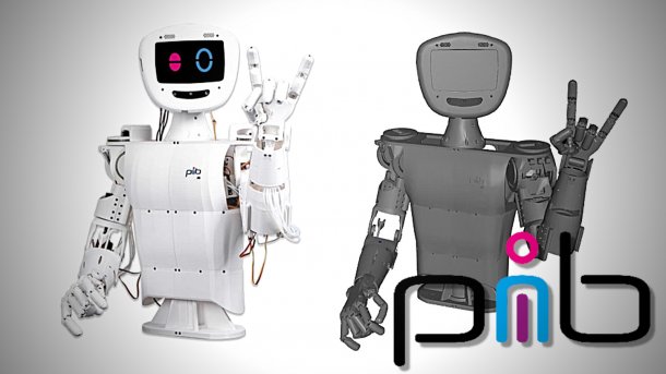 Zwei Roboter, einer weiß, einer grau. Sie zeigen mit ihren Fingern "Peace".