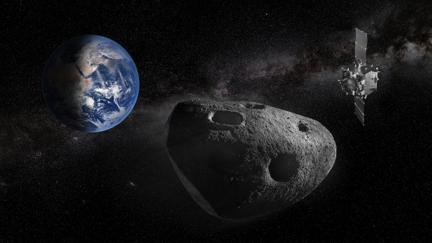 Artist's impression of the asteroid Apophis with the Ramses probe, Earth in the background