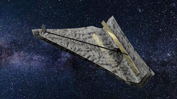 Visualisierung eines dreieckigen Weltraumteleskops mit einem extrem langen Hauptspiegel
