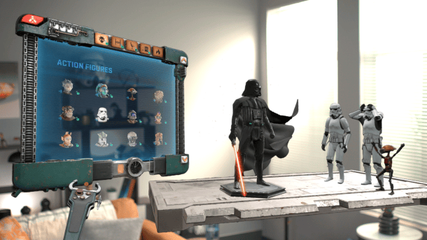 Digital action figures of Darth Vader and stormtroopers stand on a table.