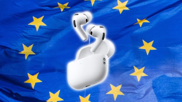 The AirPods Pro 3 in front of an EU flag