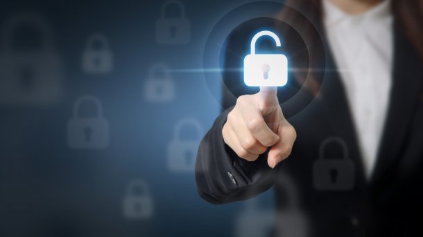 Businesswoman,Pressing,Unlocking,On,Virtual,Screens,,Technology,For,Cyber,Attack,