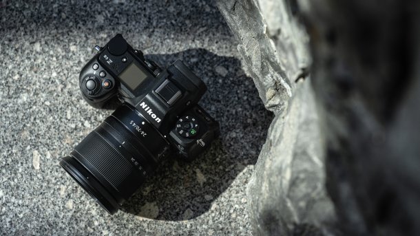 Nikon camera on a rocky surface from above