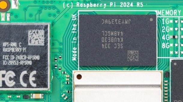 Close-up of the chips on a Raspi board.