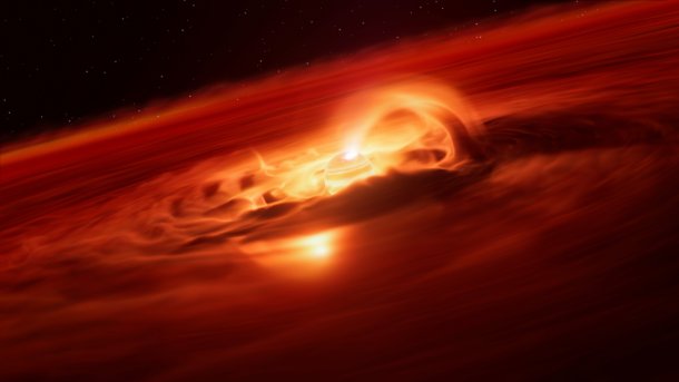 A brightly shining planet in a dust disc, from which an arc extends to it