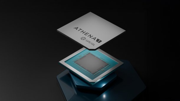 Render image of the EU processor Athena1 against a dark background