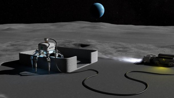 Artistic representation of a 3D-printing spider robot on the moon.
