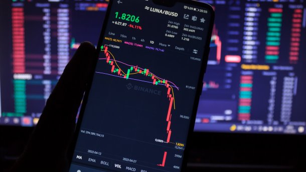 Smartphone in the hand of a man, a trading app on the screen showing the massive loss in value of the cryptocurrency Luna against the US dollar. 