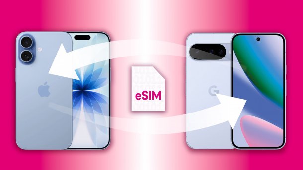 Graphic indicates eSIM switch between iPhone and Android smartphone