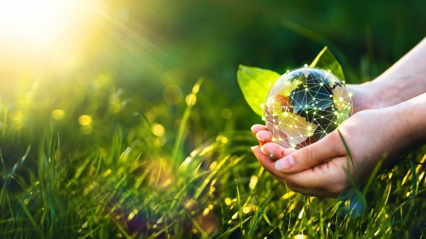 Two hands hold a fictitious globe in a field of grass