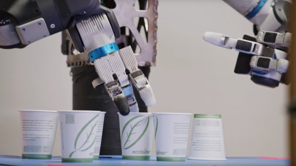 Der Greifer des Atlas-Roboters nimmt fragile Einwegbecher auf.