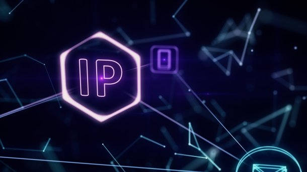 The letters IP against a dark background with network symbols