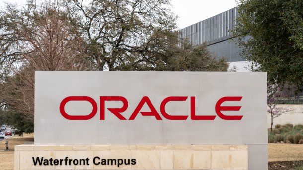 Oracle sign in front of the Waterfront Campus in Austin