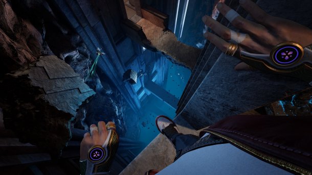 Ein Screenshot zeigt ein Person, die an der Kante eines tiefen Abgrundes steht.