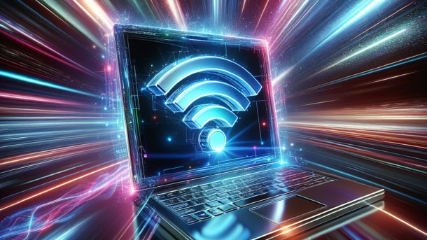 Laptop with Wi-Fi symbol on the screen, colorful background