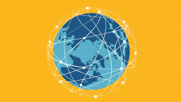 blue globe against a yellow background