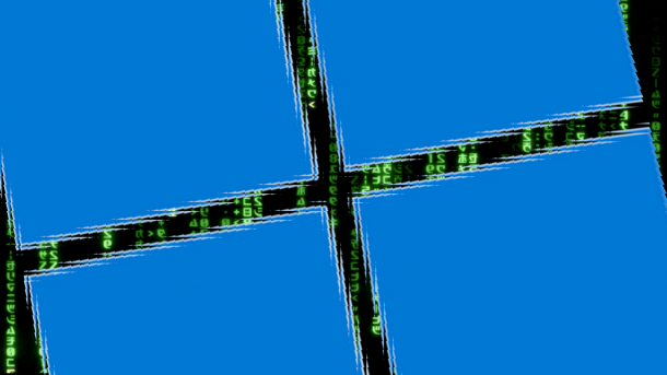 Shaky Windows 11 logo against a matrix-like code