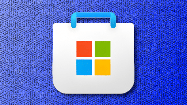 Microsoft Store Logo vor blauem Mosaik-Hintergrund