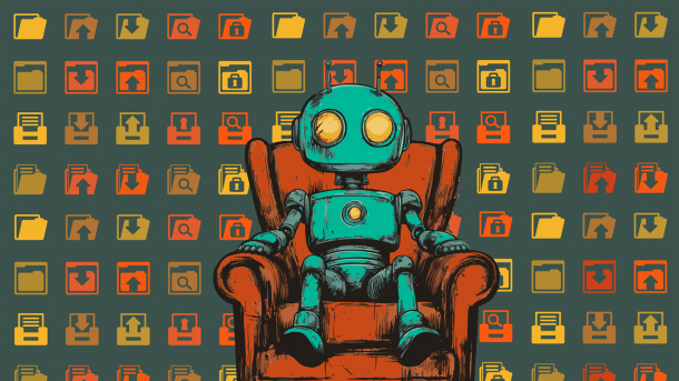 Green robot sitting on a red armchair, computer icons as background