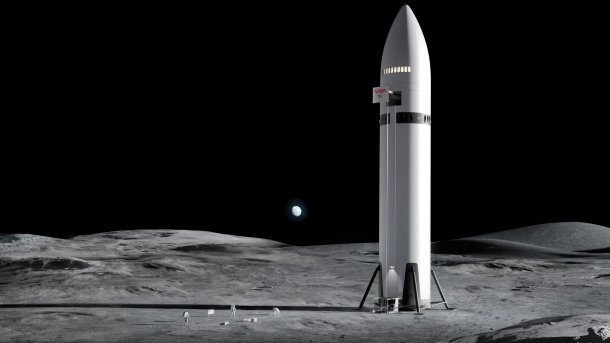 Starship on the moon's surface, with Earth in the background