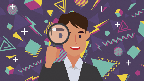 Mann mit Lupe, 90er Hintergrund