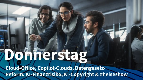 Szene in einem Büro ohne kräftige Farben: 3 Brillenträger, möglicherweise Inder, haben sich an einem Schreibtisch mit Computermonitor versammelt; die Frau (in der Mitte) zeigt auf den Bildschirm; Donnerstag: Cloud-Office, Copilot-Clouds, Datengesetz-Reform, KI-Finanzrisiko, KI-Copyright & #heiseshow
