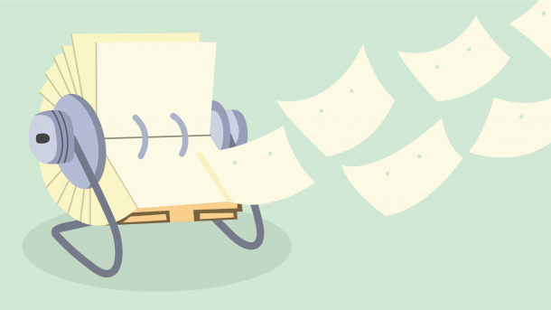 Rolodex, aus dem die Karten wegfliegen, grüner Hintergrund