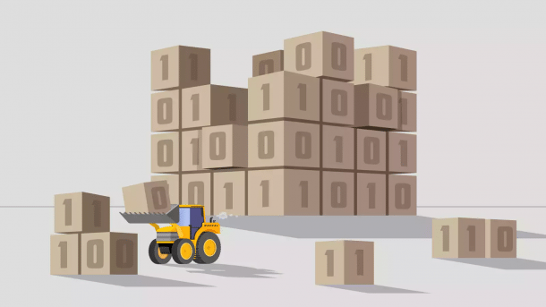 Bauwürfel mit 0ern und 1ern drauf, Bagger transportiert Bauwürfel, grauer Hintergrund