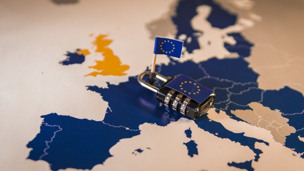 A map of Europe with a lock bearing the EU flag