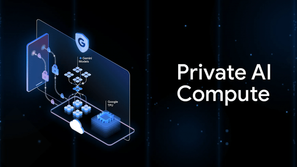 Google Private AI Compute lettering, architecture infographic, dark blue background