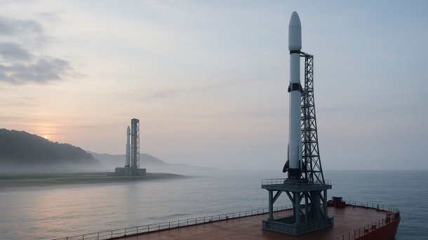 Artistic depiction of launch pads on a ship and on land