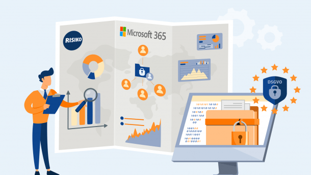 Landkarte mit Microsoft 365 Schriftzug, Computer mit Ordner-Icon und DSGVO-Symbol, Person mit Lupe