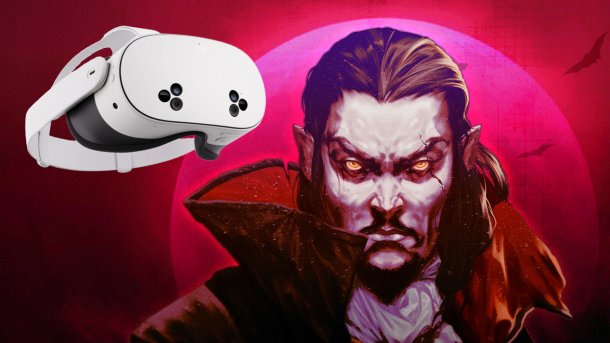 Illustration eines düster dreinblickenden Vampirs mit leuchtend gelben Augen vor einem pink-roten Mond, daneben eine weiße VR-Brille, die prominent im Vordergrund schwebt.