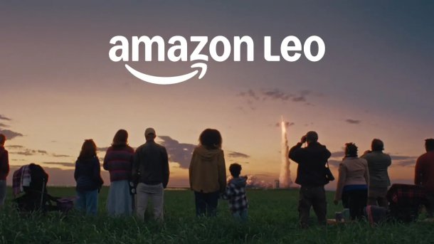 People look at a rocket launch with the headline "Amazon Leo"
