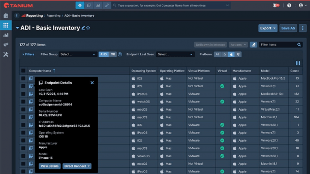 Tanium interface with an overview of various Apple devices