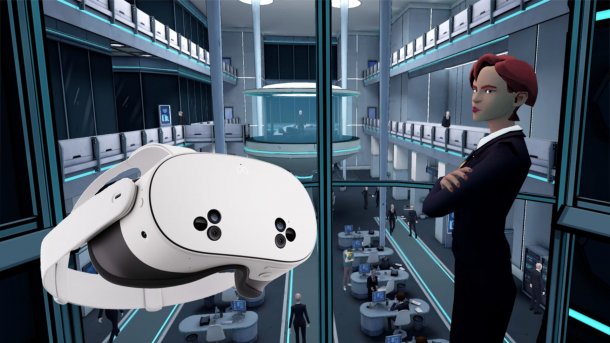 Futuristic scene from a VR game: A white VR headset floats prominently in the foreground, while in the background a stylized high-tech agency with offices, server rooms, and an animated agent in a dark suit can be seen.