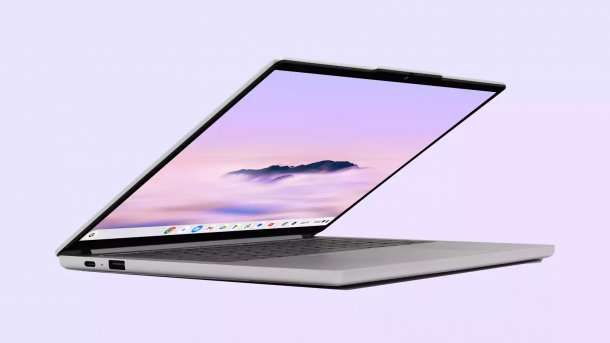 Chromebook von Lenovo mit halb geöffnetem Bildschirm