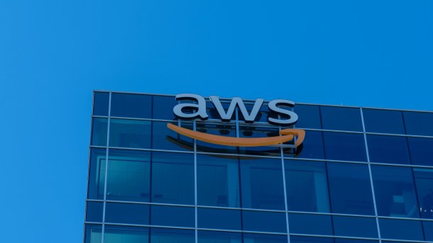 AWS logo on a glass facade