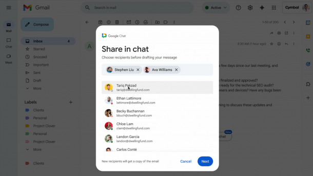 Gmail-Weboberfläche mit Google-Chat-Fenster