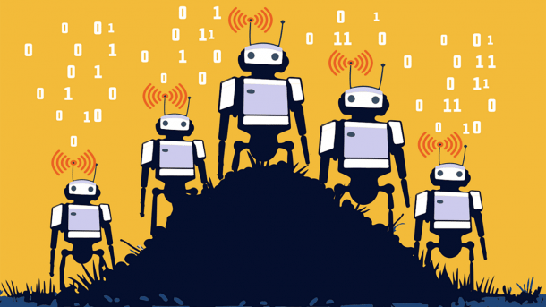Five robots on a black hill, yellow background