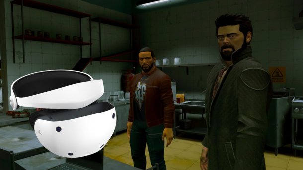 VR-Headset vor zwei düsteren Videospiel-Charakteren in einer heruntergekommenen Küche, Szene aus einem actionbetonten VR-Game.