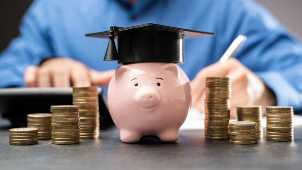 Sparschwein mit Geld davor, dahinter rechnet eine Person