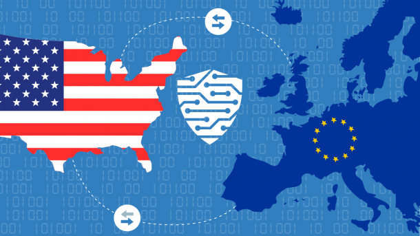 USA und Europa mit Flaggen, Schild in der Mitte