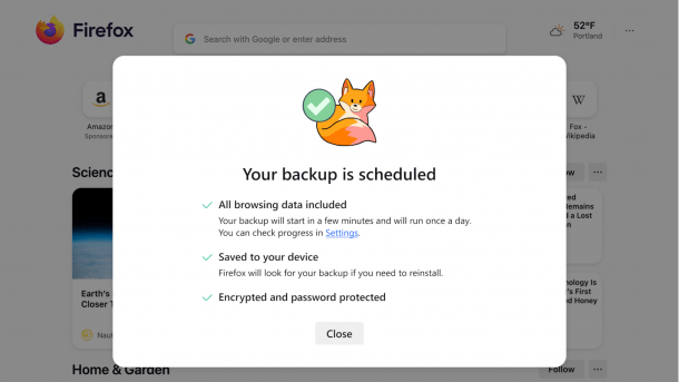 Firefox-Browser mit Fenster der Backup-Funktion