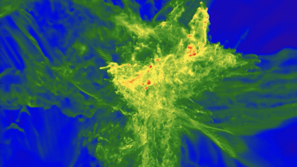 Gelb-grün-blaues Bild, das einer Explosion gleicht