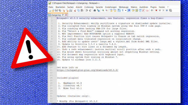 Notepad++ displays its changelog