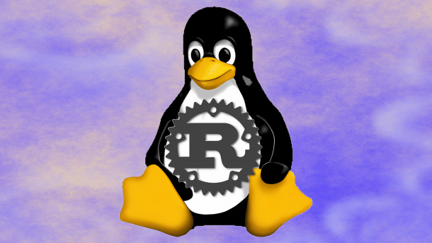 Linux penguin Tux with Rust logo against an abstract background